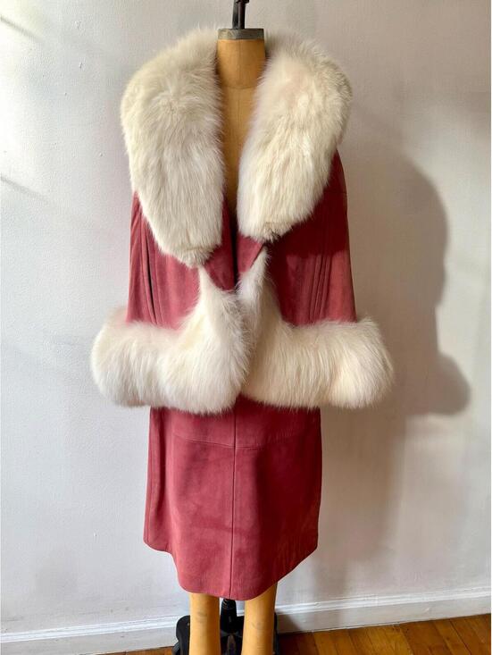Jackets & Blazers - Vintage 1960s Pink Suede Fox Fur Collar Cape Coat Skirt Suit Ensemble
